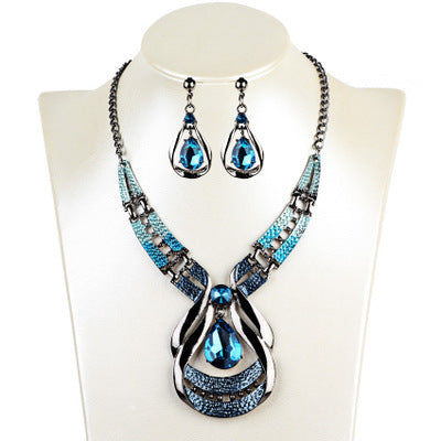 Jewelry suit, exotic, antique, oil blue, blue jewel necklace, water drop suit earring clavicle chain
